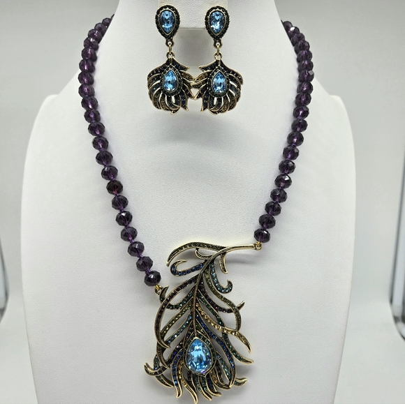 Heidi Daus Amethyst Swarovski Crystal Large Peacock Feather Necklace - Picture 4 of 14